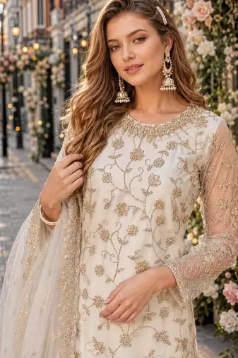 white embroidered net semi stitched salwar suit