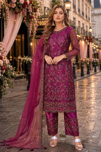 purple embroidered net semi stitched salwar suit