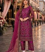purple embroidered net semi stitched salwar suit