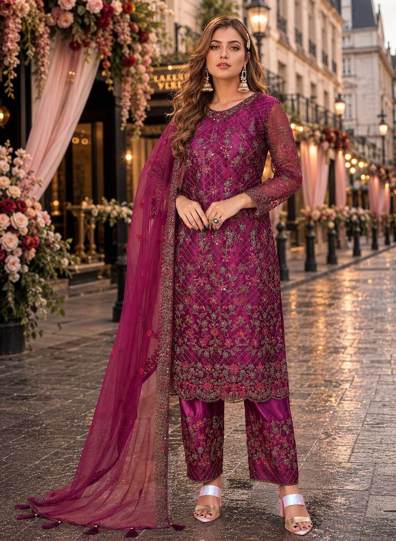purple embroidered net semi stitched salwar suit