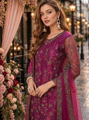 purple embroidered net semi stitched salwar suit 2