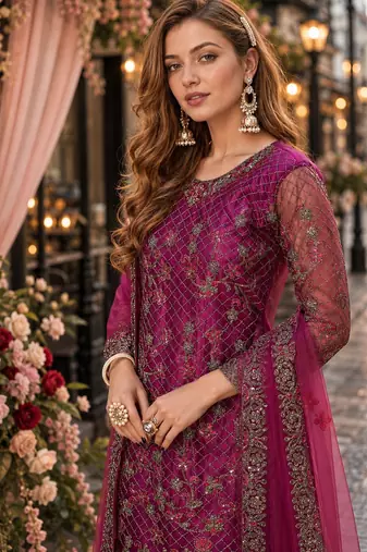 purple embroidered net semi stitched salwar suit