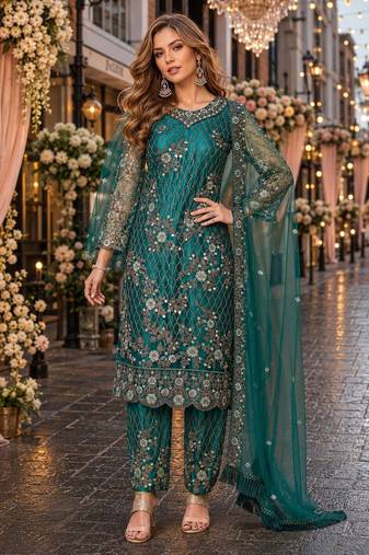 teal embroidered net semi stitched salwar suit