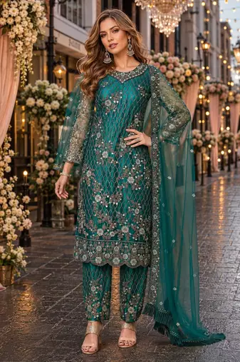 teal embroidered net semi stitched salwar suit