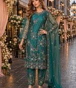 teal embroidered net semi stitched salwar suit