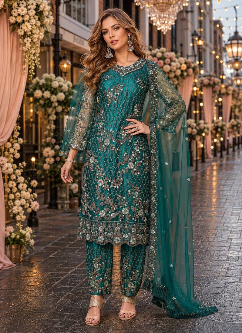 teal embroidered net semi stitched salwar suit