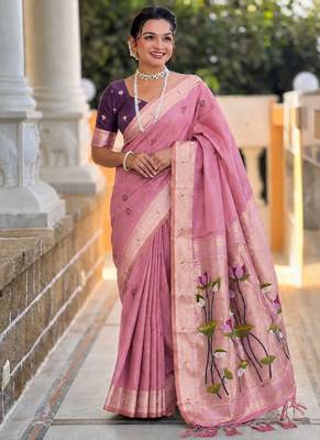 Pink cotton silk saree with colorful floral weaving pallu with blouse 3