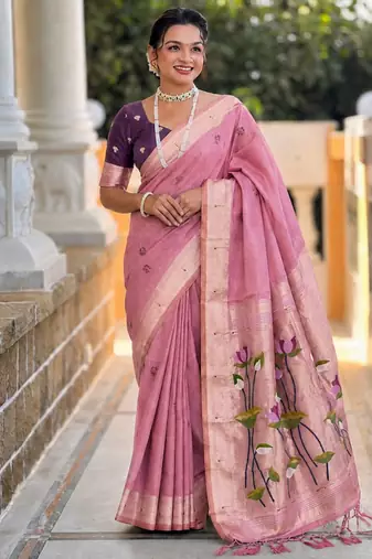 Pink cotton silk saree with colorful floral weaving pallu with blouse