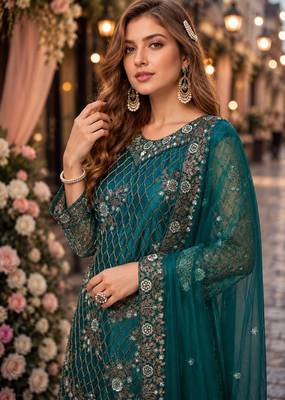 teal embroidered net semi stitched salwar suit 2