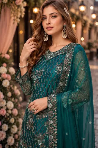 teal embroidered net semi stitched salwar suit