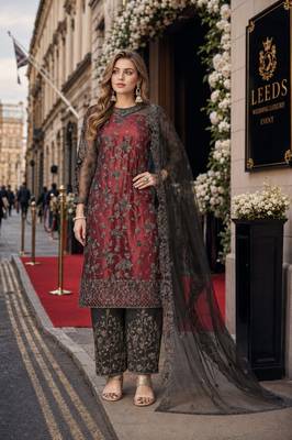 maroon embroidered net semi stitched salwar suit 1