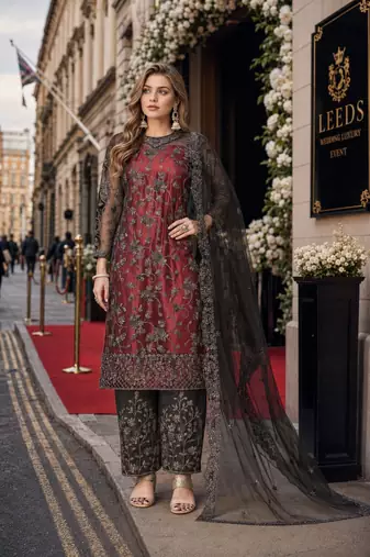 maroon embroidered net semi stitched salwar suit