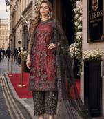 maroon embroidered net semi stitched salwar suit