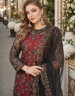 maroon embroidered net semi stitched salwar suit 2