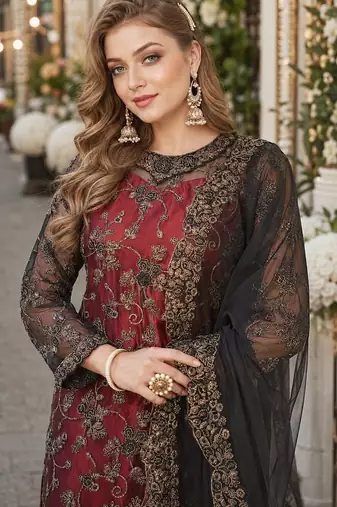 maroon embroidered net semi stitched salwar suit