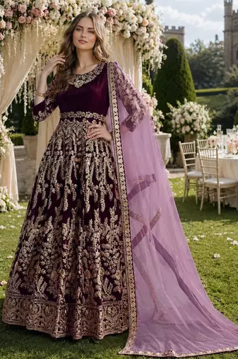 dark purple embroidered velvet semi stitched patiyala suit