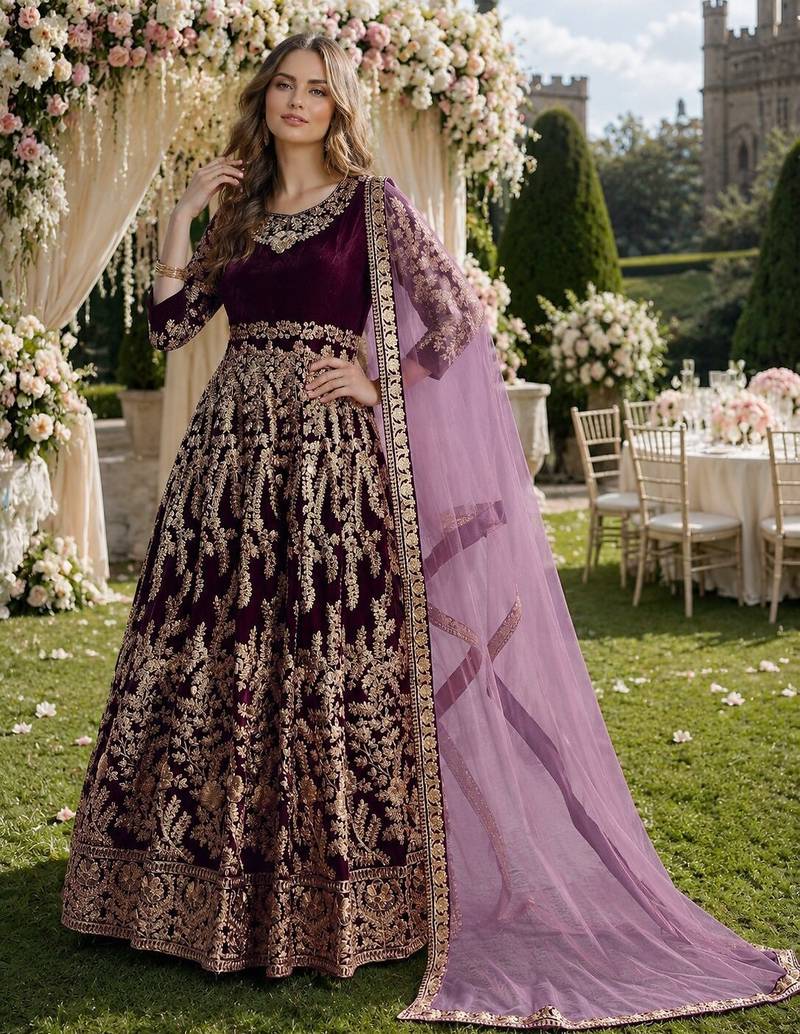 dark purple embroidered velvet semi stitched patiyala suit