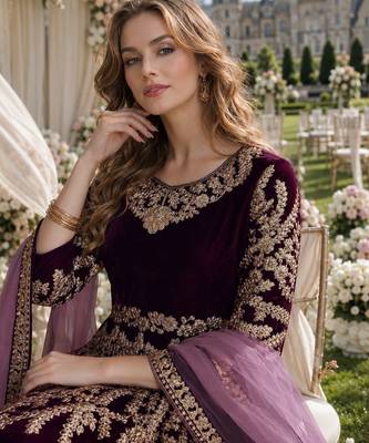 dark purple embroidered velvet semi stitched patiyala suit 2