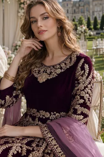 dark purple embroidered velvet semi stitched patiyala suit