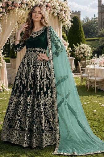 dark green embroidered velvet semi stitched patiyala suit