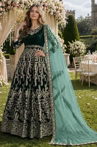 dark green embroidered velvet semi stitched patiyala suit