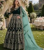 dark green embroidered velvet semi stitched patiyala suit