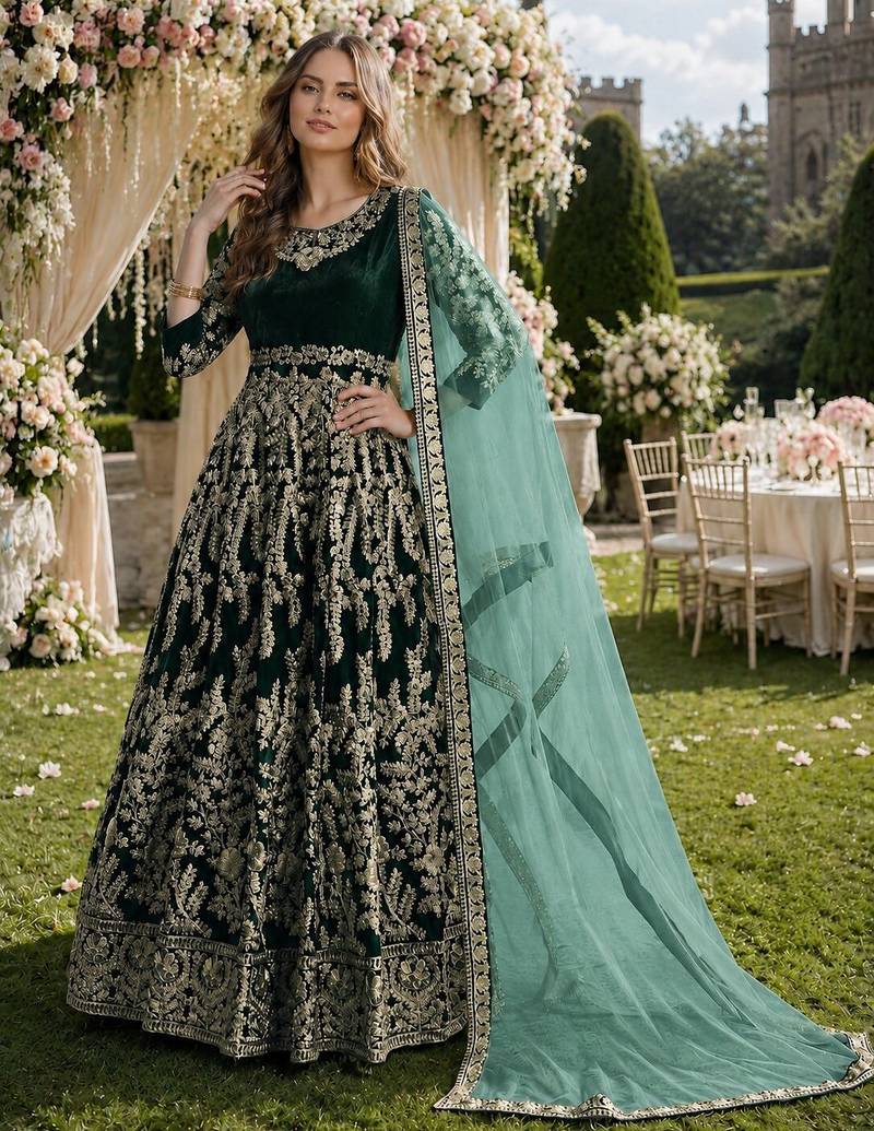 dark green embroidered velvet semi stitched patiyala suit