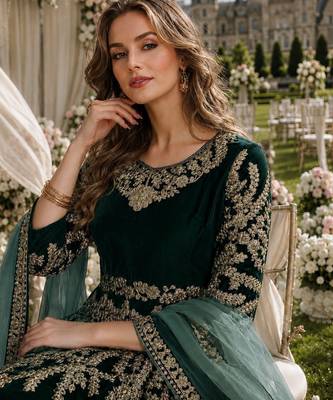 dark green embroidered velvet semi stitched patiyala suit 2