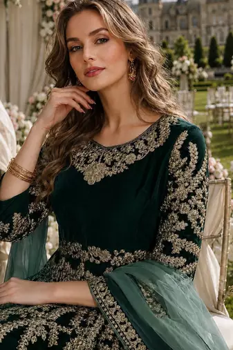 dark green embroidered velvet semi stitched patiyala suit