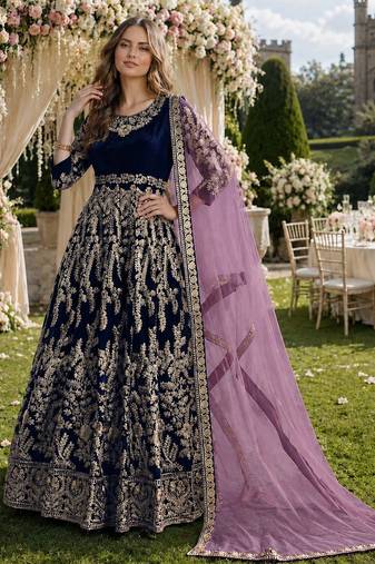 navy blue embroidered velvet semi stitched patiyala suit