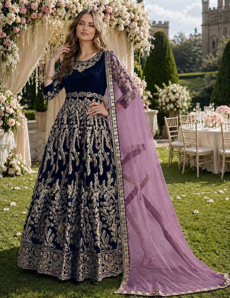 navy blue embroidered velvet semi stitched patiyala suit