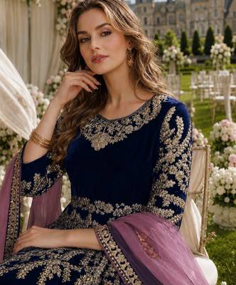 navy blue embroidered velvet semi stitched patiyala suit 2