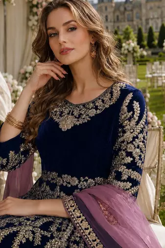 navy blue embroidered velvet semi stitched patiyala suit