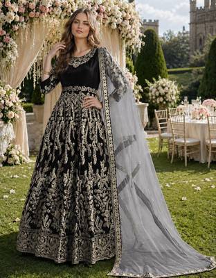 black embroidered velvet semi stitched patiyala suit 1