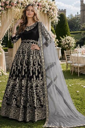 black embroidered velvet semi stitched patiyala suit