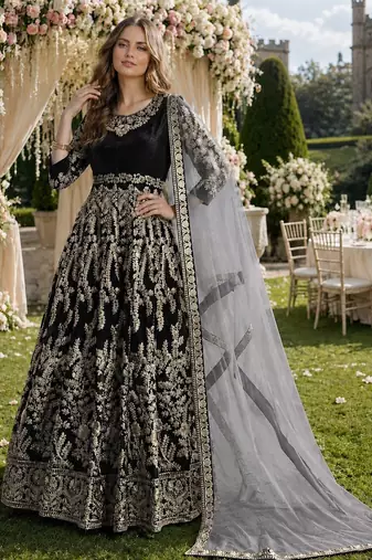 black embroidered velvet semi stitched patiyala suit
