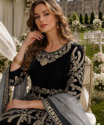 black embroidered velvet semi stitched patiyala suit 2