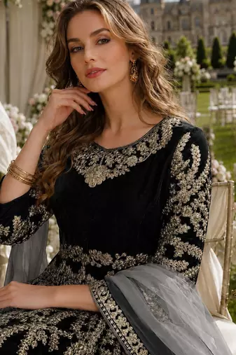 black embroidered velvet semi stitched patiyala suit
