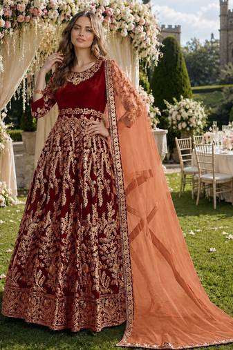 maroon embroidered velvet semi stitched patiyala suit