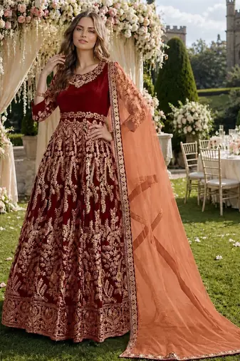 maroon embroidered velvet semi stitched patiyala suit