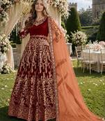 maroon embroidered velvet semi stitched patiyala suit