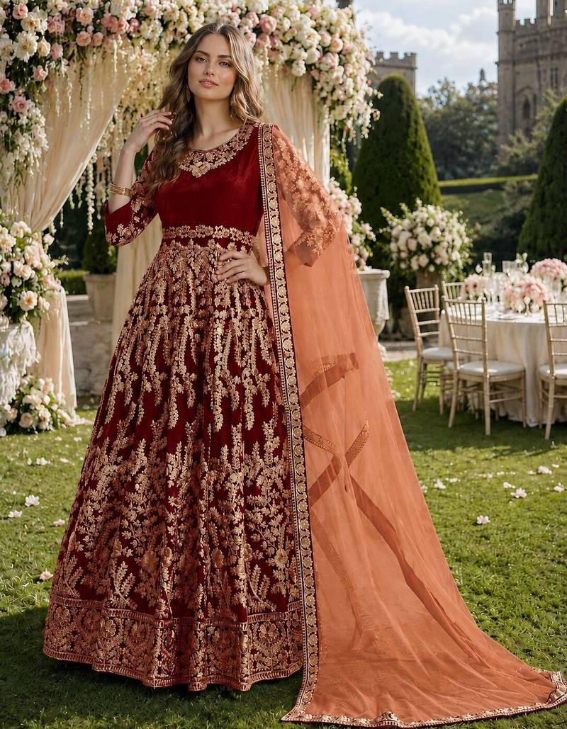maroon embroidered velvet semi stitched patiyala suit