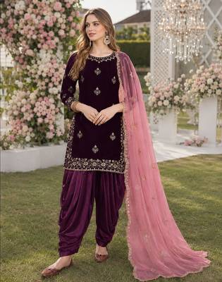 purple embroidered velvet semi stitched patiyala suit 1