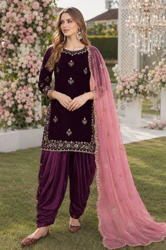 purple embroidered velvet semi stitched patiyala suit