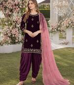 purple embroidered velvet semi stitched patiyala suit
