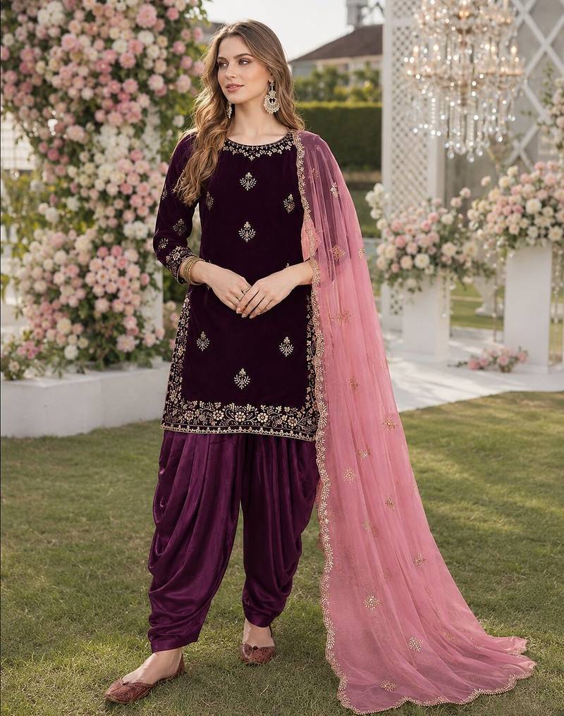 purple embroidered velvet semi stitched patiyala suit