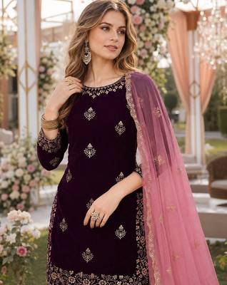 purple embroidered velvet semi stitched patiyala suit 2