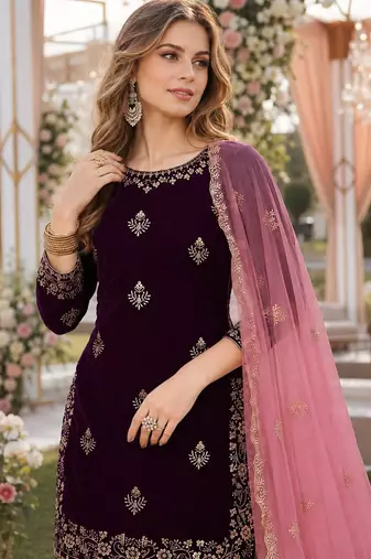 purple embroidered velvet semi stitched patiyala suit