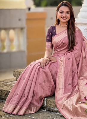Pink cotton silk saree with colorful floral weaving pallu with blouse 4