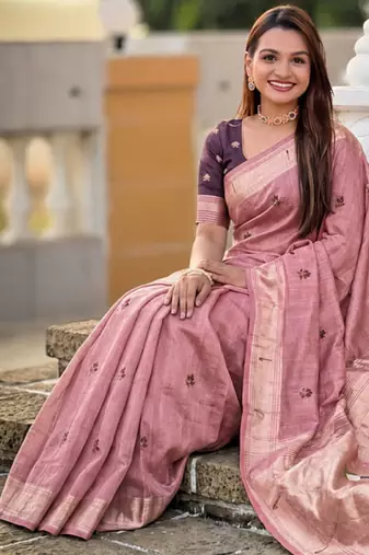 Pink cotton silk saree with colorful floral weaving pallu with blouse